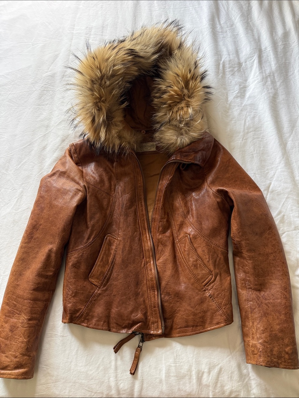 Women's Vintage Brown Leather Hooded Jacket with Faux Fur Trim